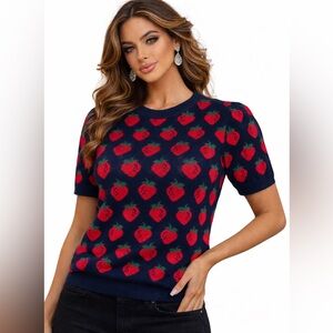 D27.Strawberry  Patterned Navy and Red Women's Top